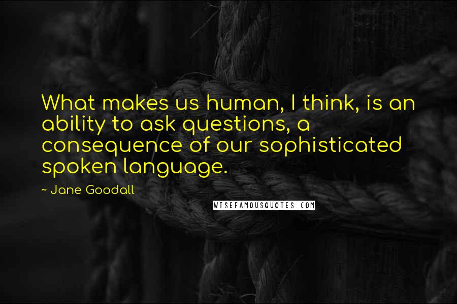 Jane Goodall Quotes: What makes us human, I think, is an ability to ask questions, a consequence of our sophisticated spoken language.