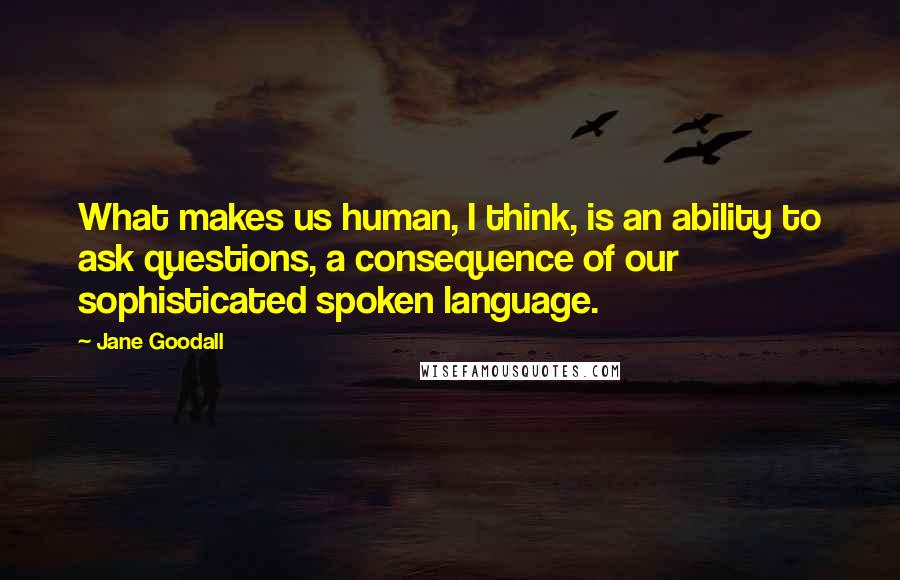 Jane Goodall Quotes: What makes us human, I think, is an ability to ask questions, a consequence of our sophisticated spoken language.