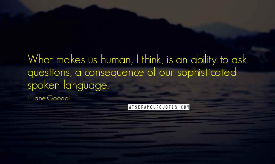 Jane Goodall Quotes: What makes us human, I think, is an ability to ask questions, a consequence of our sophisticated spoken language.