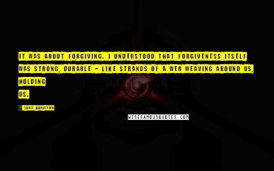 Jane Hamilton Quotes: It was about forgiving. I understood that forgiveness itself was strong, durable - like strands of a web weaving around us, holding us.