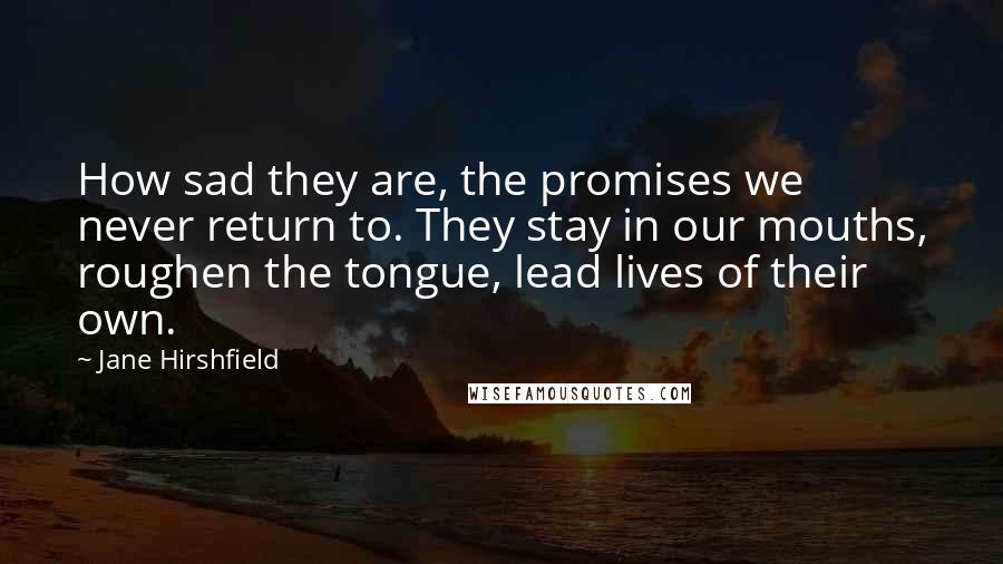 Jane Hirshfield Quotes: How sad they are, the promises we never return to. They stay in our mouths, roughen the tongue, lead lives of their own.