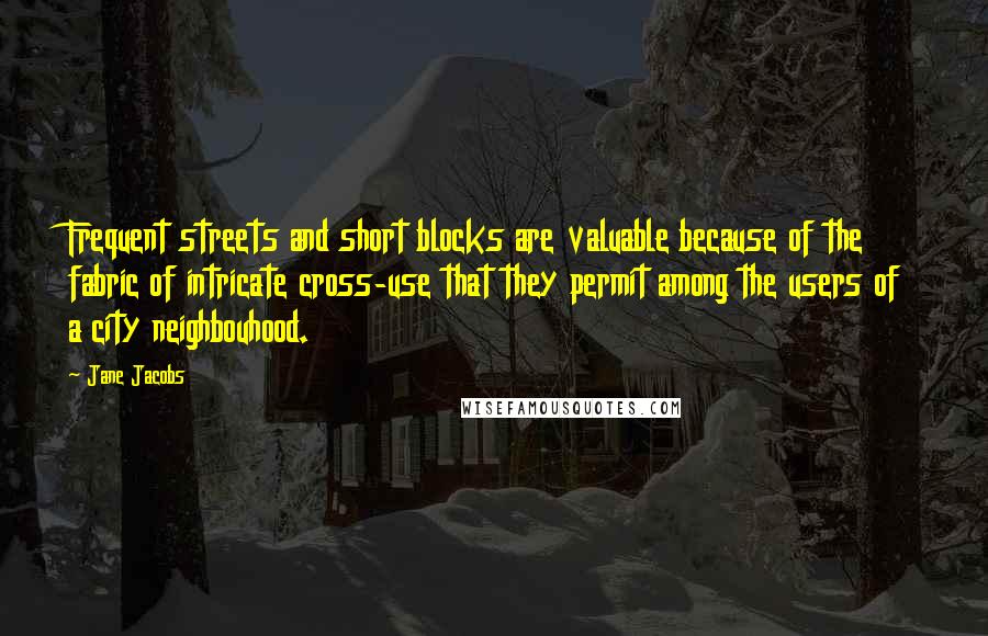 Jane Jacobs Quotes: Frequent streets and short blocks are valuable because of the fabric of intricate cross-use that they permit among the users of a city neighbouhood.