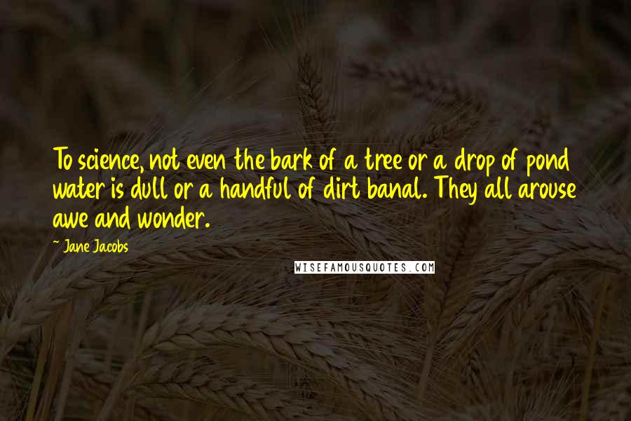 Jane Jacobs Quotes: To science, not even the bark of a tree or a drop of pond water is dull or a handful of dirt banal. They all arouse awe and wonder.