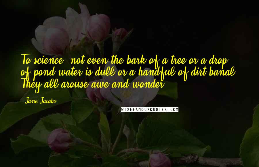 Jane Jacobs Quotes: To science, not even the bark of a tree or a drop of pond water is dull or a handful of dirt banal. They all arouse awe and wonder.