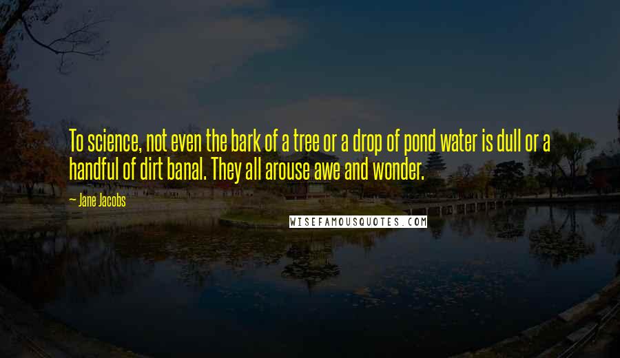 Jane Jacobs Quotes: To science, not even the bark of a tree or a drop of pond water is dull or a handful of dirt banal. They all arouse awe and wonder.