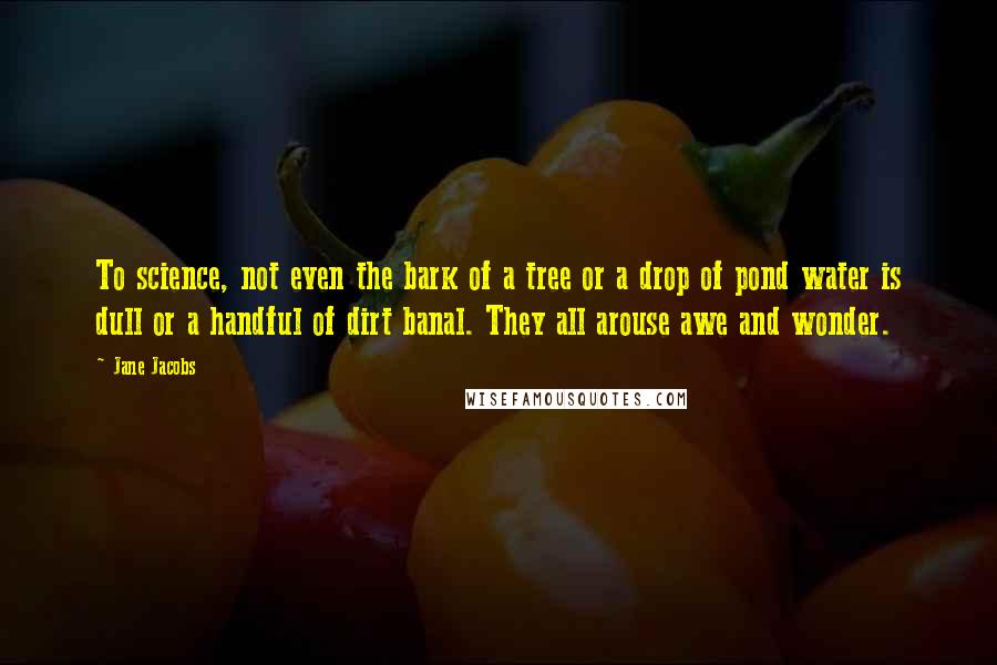 Jane Jacobs Quotes: To science, not even the bark of a tree or a drop of pond water is dull or a handful of dirt banal. They all arouse awe and wonder.