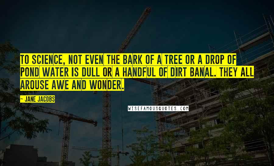 Jane Jacobs Quotes: To science, not even the bark of a tree or a drop of pond water is dull or a handful of dirt banal. They all arouse awe and wonder.