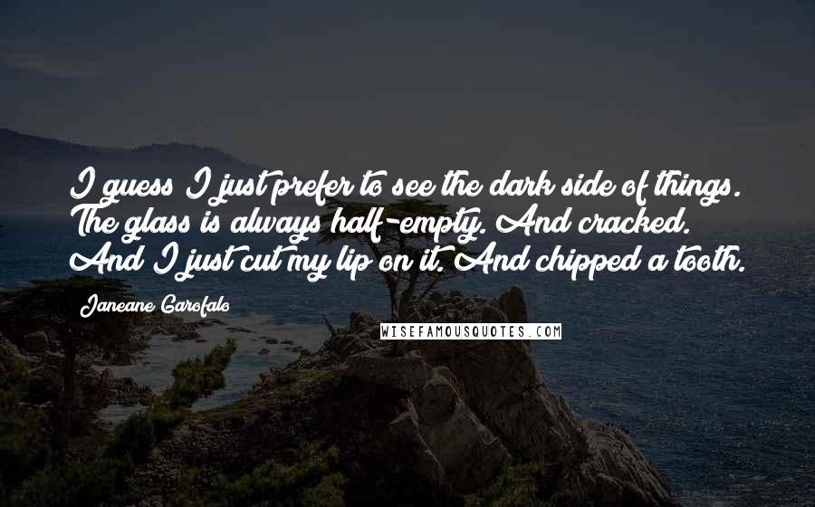 Janeane Garofalo Quotes: I guess I just prefer to see the dark side of things. The glass is always half-empty. And cracked. And I just cut my lip on it. And chipped a tooth.