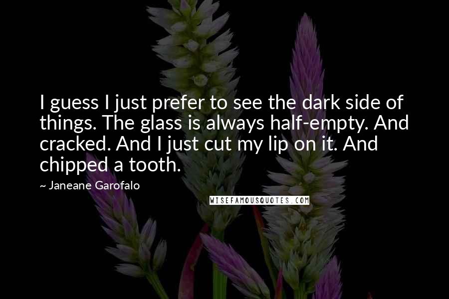 Janeane Garofalo Quotes: I guess I just prefer to see the dark side of things. The glass is always half-empty. And cracked. And I just cut my lip on it. And chipped a tooth.