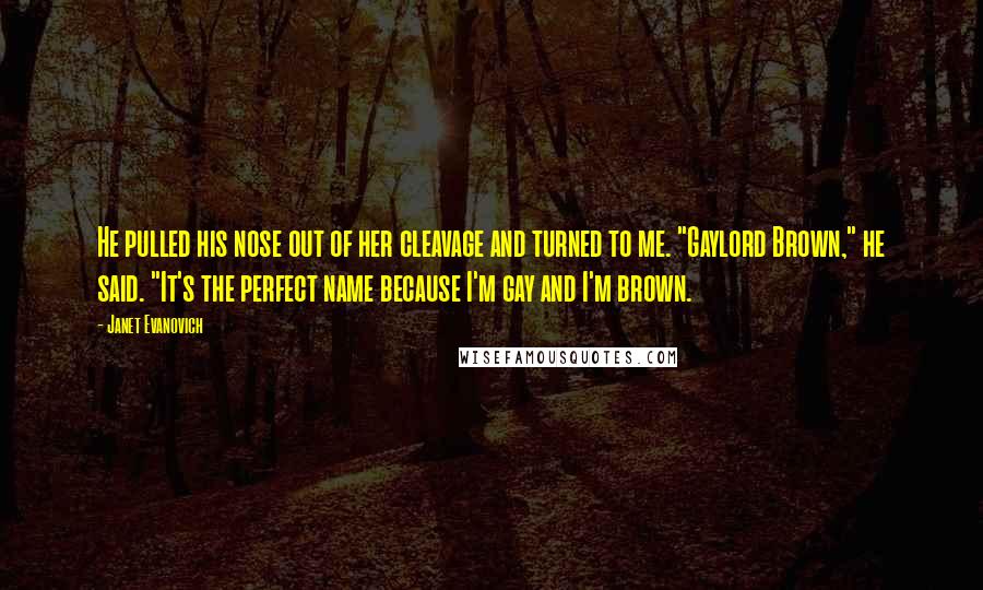 Janet Evanovich Quotes: He pulled his nose out of her cleavage and turned to me. "Gaylord Brown," he said. "It's the perfect name because I'm gay and I'm brown.