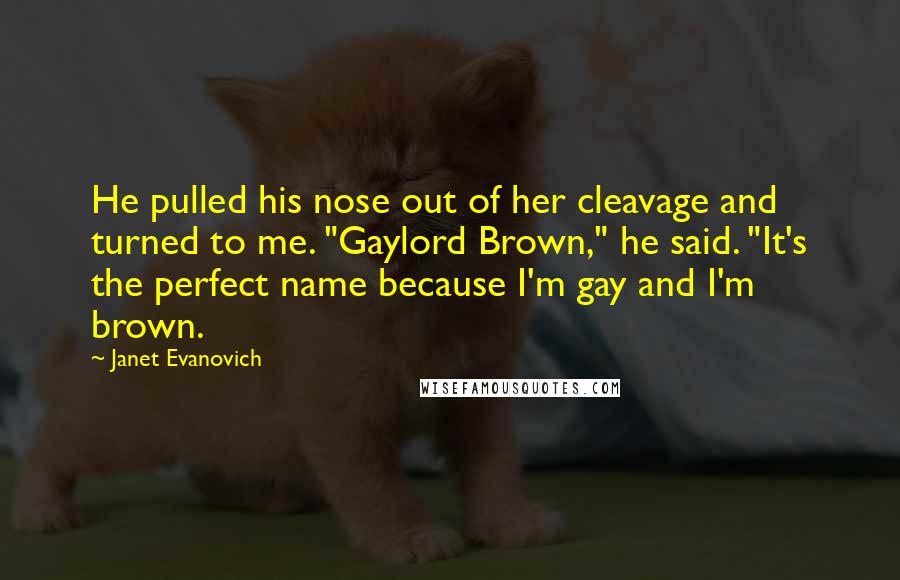 Janet Evanovich Quotes: He pulled his nose out of her cleavage and turned to me. "Gaylord Brown," he said. "It's the perfect name because I'm gay and I'm brown.