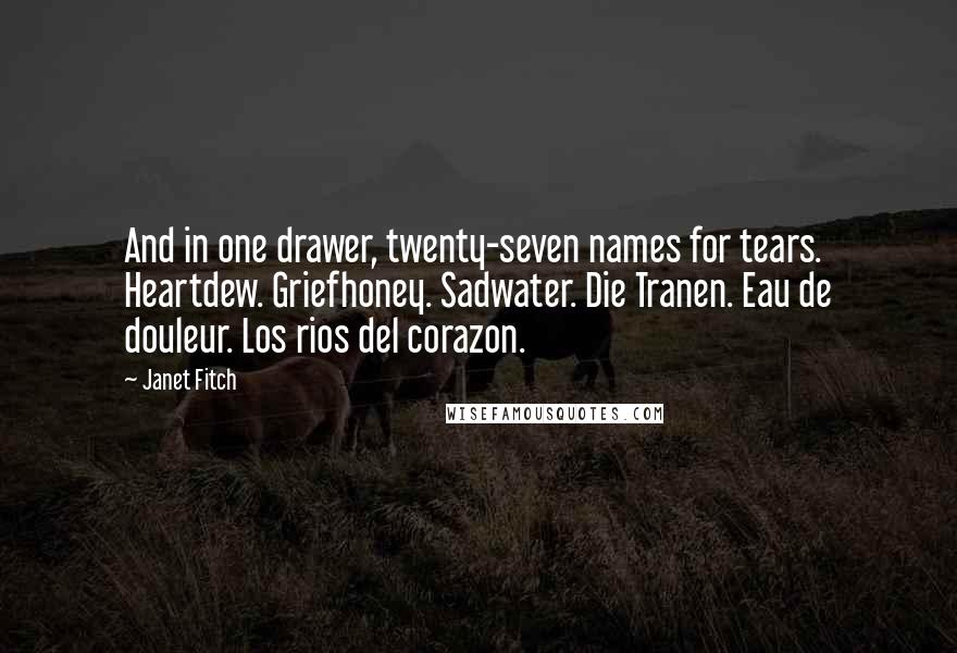 Janet Fitch Quotes: And in one drawer, twenty-seven names for tears. Heartdew. Griefhoney. Sadwater. Die Tranen. Eau de douleur. Los rios del corazon.