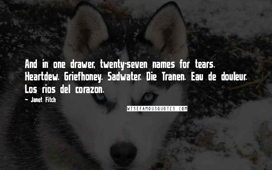 Janet Fitch Quotes: And in one drawer, twenty-seven names for tears. Heartdew. Griefhoney. Sadwater. Die Tranen. Eau de douleur. Los rios del corazon.