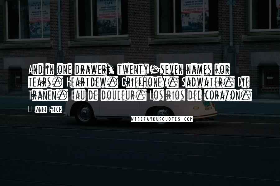 Janet Fitch Quotes: And in one drawer, twenty-seven names for tears. Heartdew. Griefhoney. Sadwater. Die Tranen. Eau de douleur. Los rios del corazon.