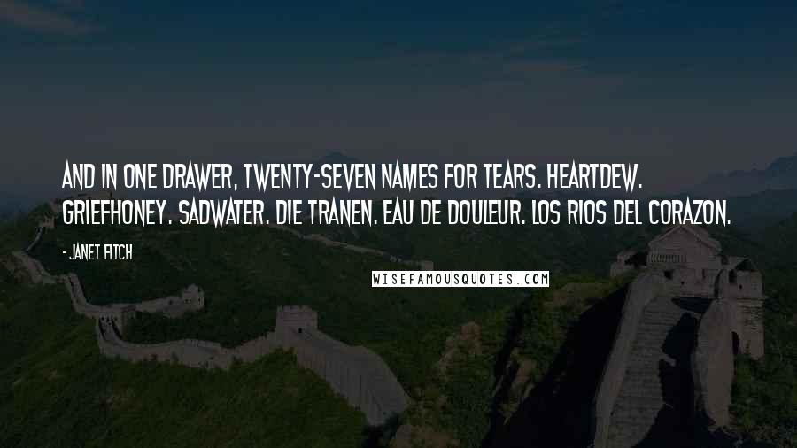 Janet Fitch Quotes: And in one drawer, twenty-seven names for tears. Heartdew. Griefhoney. Sadwater. Die Tranen. Eau de douleur. Los rios del corazon.