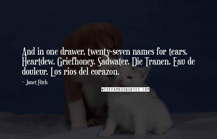 Janet Fitch Quotes: And in one drawer, twenty-seven names for tears. Heartdew. Griefhoney. Sadwater. Die Tranen. Eau de douleur. Los rios del corazon.