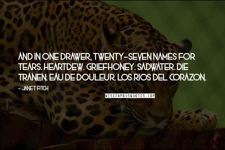 Janet Fitch Quotes: And in one drawer, twenty-seven names for tears. Heartdew. Griefhoney. Sadwater. Die Tranen. Eau de douleur. Los rios del corazon.