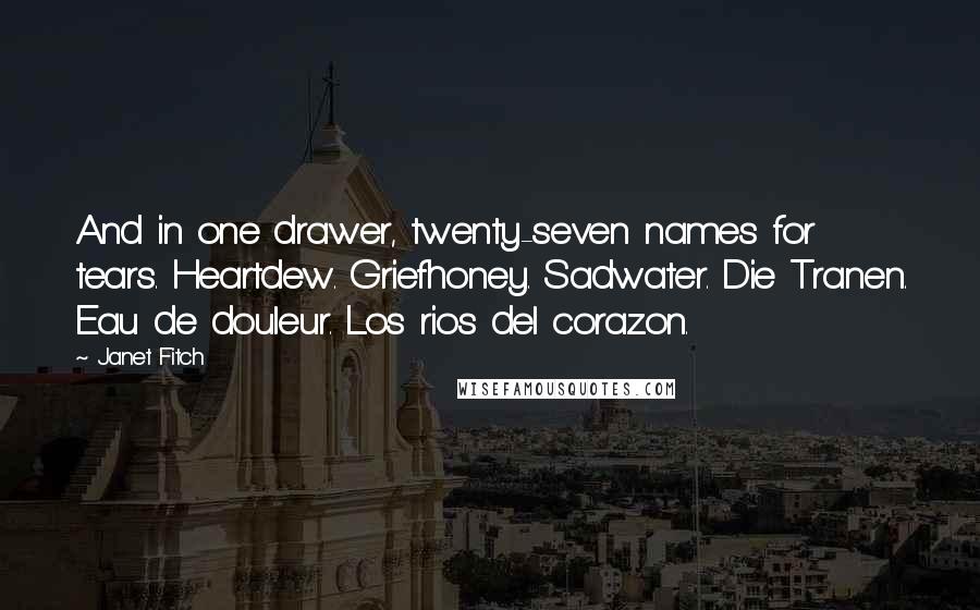 Janet Fitch Quotes: And in one drawer, twenty-seven names for tears. Heartdew. Griefhoney. Sadwater. Die Tranen. Eau de douleur. Los rios del corazon.