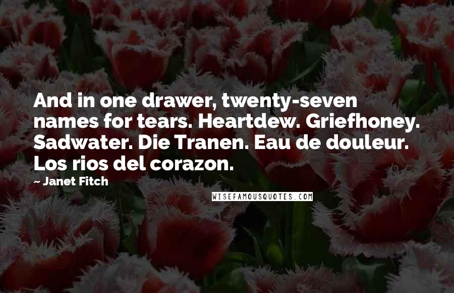 Janet Fitch Quotes: And in one drawer, twenty-seven names for tears. Heartdew. Griefhoney. Sadwater. Die Tranen. Eau de douleur. Los rios del corazon.