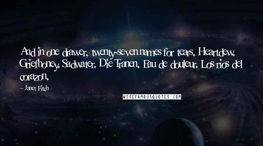 Janet Fitch Quotes: And in one drawer, twenty-seven names for tears. Heartdew. Griefhoney. Sadwater. Die Tranen. Eau de douleur. Los rios del corazon.