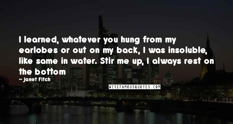 Janet Fitch Quotes: I learned, whatever you hung from my earlobes or out on my back, I was insoluble, like same in water. Stir me up, I always rest on the bottom