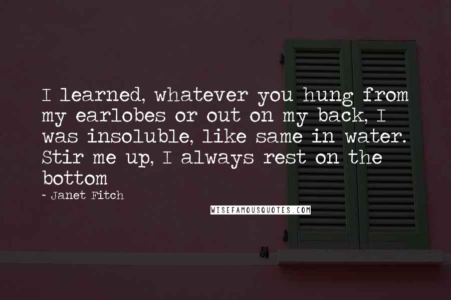 Janet Fitch Quotes: I learned, whatever you hung from my earlobes or out on my back, I was insoluble, like same in water. Stir me up, I always rest on the bottom