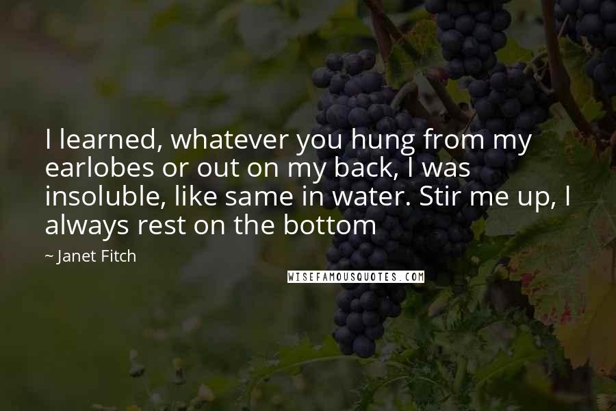 Janet Fitch Quotes: I learned, whatever you hung from my earlobes or out on my back, I was insoluble, like same in water. Stir me up, I always rest on the bottom