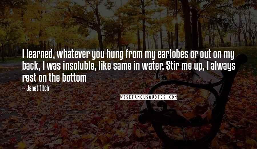 Janet Fitch Quotes: I learned, whatever you hung from my earlobes or out on my back, I was insoluble, like same in water. Stir me up, I always rest on the bottom