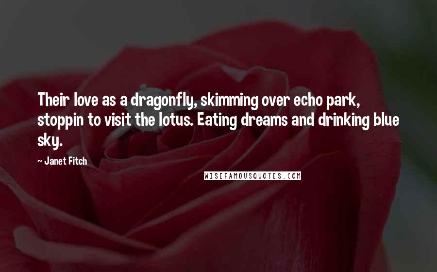 Janet Fitch Quotes: Their love as a dragonfly, skimming over echo park, stoppin to visit the lotus. Eating dreams and drinking blue sky.