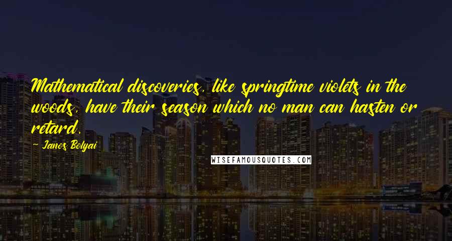 Janos Bolyai Quotes: Mathematical discoveries, like springtime violets in the woods, have their season which no man can hasten or retard.