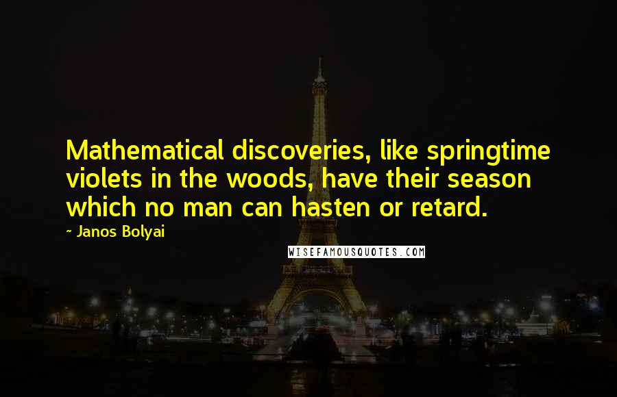 Janos Bolyai Quotes: Mathematical discoveries, like springtime violets in the woods, have their season which no man can hasten or retard.