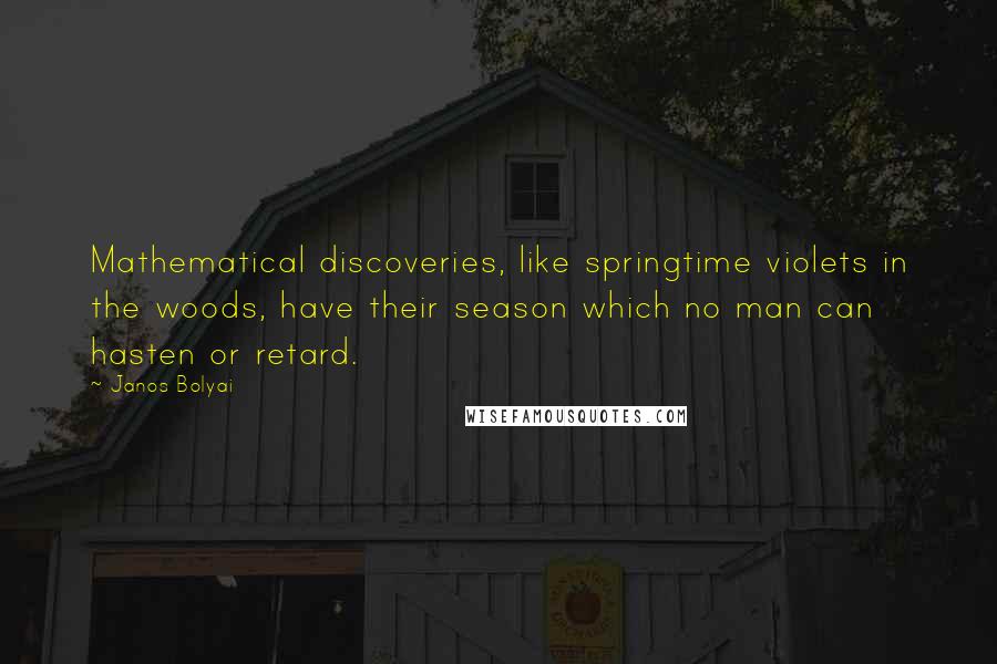 Janos Bolyai Quotes: Mathematical discoveries, like springtime violets in the woods, have their season which no man can hasten or retard.