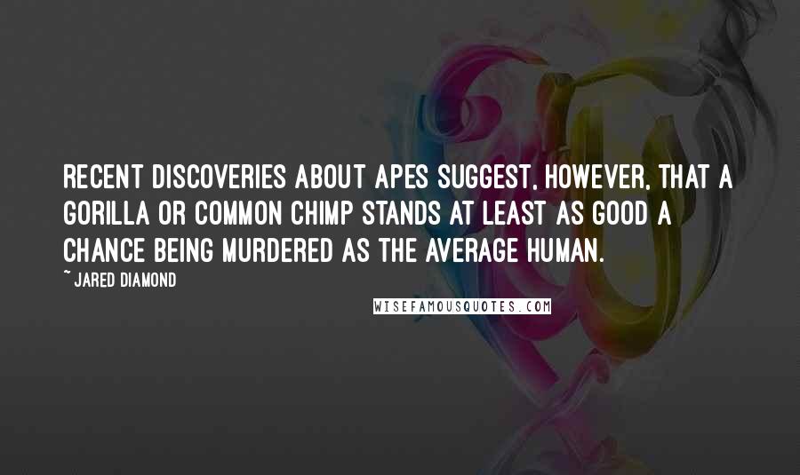 Jared Diamond Quotes: Recent discoveries about apes suggest, however, that a gorilla or common chimp stands at least as good a chance being murdered as the average human.