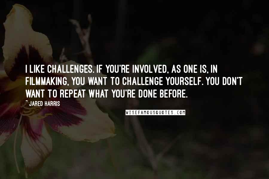 Jared Harris Quotes: I like challenges. If you're involved, as one is, in filmmaking, you want to challenge yourself. You don't want to repeat what you're done before.