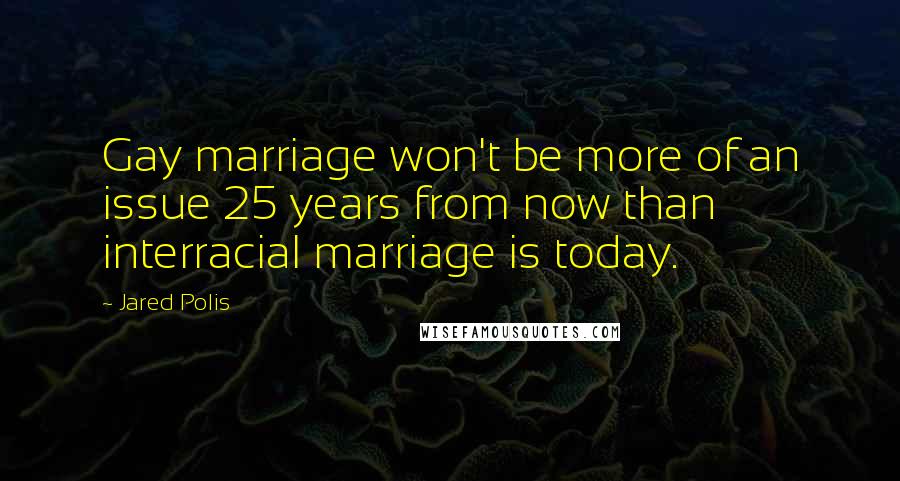 Jared Polis Quotes: Gay marriage won't be more of an issue 25 years from now than interracial marriage is today.