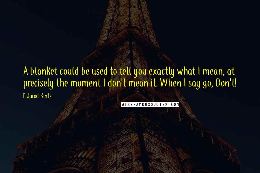 Jarod Kintz Quotes: A blanket could be used to tell you exactly what I mean, at precisely the moment I don't mean it. When I say go, Don't!