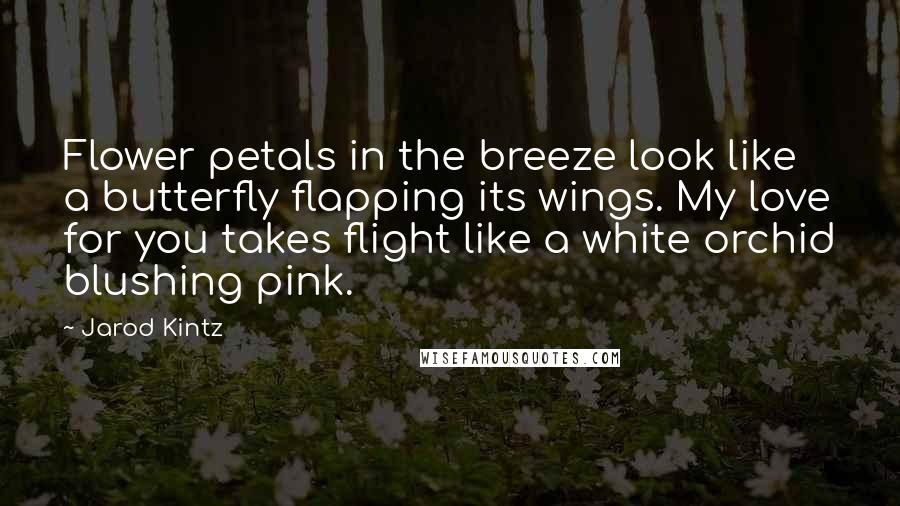 Jarod Kintz Quotes: Flower petals in the breeze look like a butterfly flapping its wings. My love for you takes flight like a white orchid blushing pink.