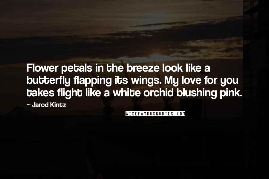 Jarod Kintz Quotes: Flower petals in the breeze look like a butterfly flapping its wings. My love for you takes flight like a white orchid blushing pink.