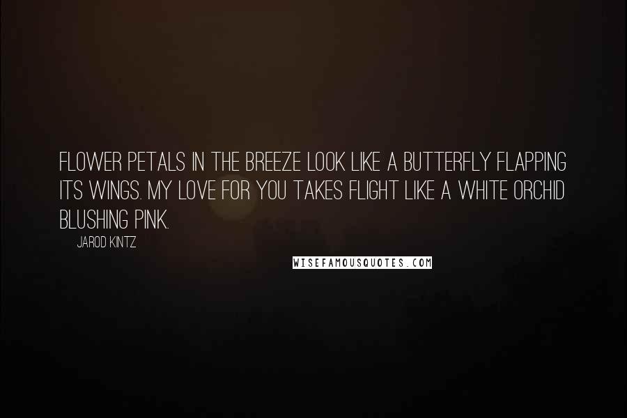 Jarod Kintz Quotes: Flower petals in the breeze look like a butterfly flapping its wings. My love for you takes flight like a white orchid blushing pink.