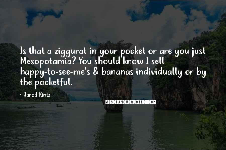 Jarod Kintz Quotes: Is that a ziggurat in your pocket or are you just Mesopotamia? You should know I sell happy-to-see-me's & bananas individually or by the pocketful.