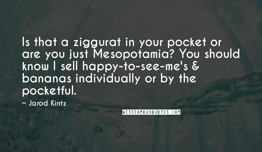 Jarod Kintz Quotes: Is that a ziggurat in your pocket or are you just Mesopotamia? You should know I sell happy-to-see-me's & bananas individually or by the pocketful.