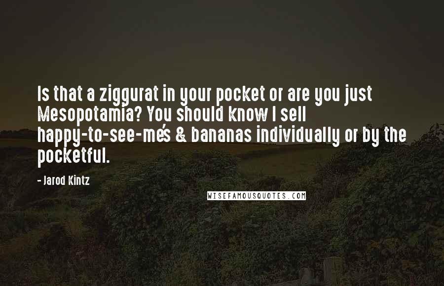 Jarod Kintz Quotes: Is that a ziggurat in your pocket or are you just Mesopotamia? You should know I sell happy-to-see-me's & bananas individually or by the pocketful.