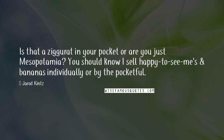 Jarod Kintz Quotes: Is that a ziggurat in your pocket or are you just Mesopotamia? You should know I sell happy-to-see-me's & bananas individually or by the pocketful.