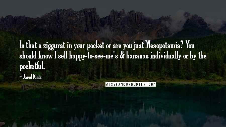 Jarod Kintz Quotes: Is that a ziggurat in your pocket or are you just Mesopotamia? You should know I sell happy-to-see-me's & bananas individually or by the pocketful.