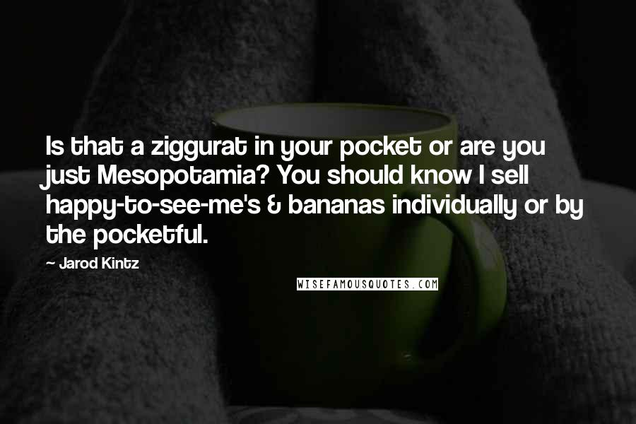 Jarod Kintz Quotes: Is that a ziggurat in your pocket or are you just Mesopotamia? You should know I sell happy-to-see-me's & bananas individually or by the pocketful.