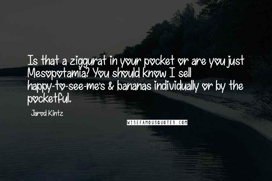 Jarod Kintz Quotes: Is that a ziggurat in your pocket or are you just Mesopotamia? You should know I sell happy-to-see-me's & bananas individually or by the pocketful.