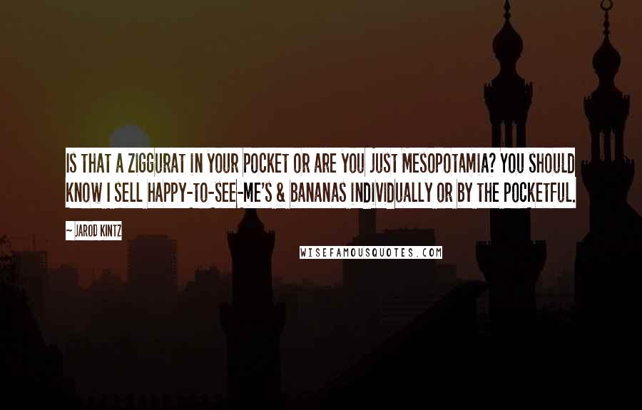 Jarod Kintz Quotes: Is that a ziggurat in your pocket or are you just Mesopotamia? You should know I sell happy-to-see-me's & bananas individually or by the pocketful.