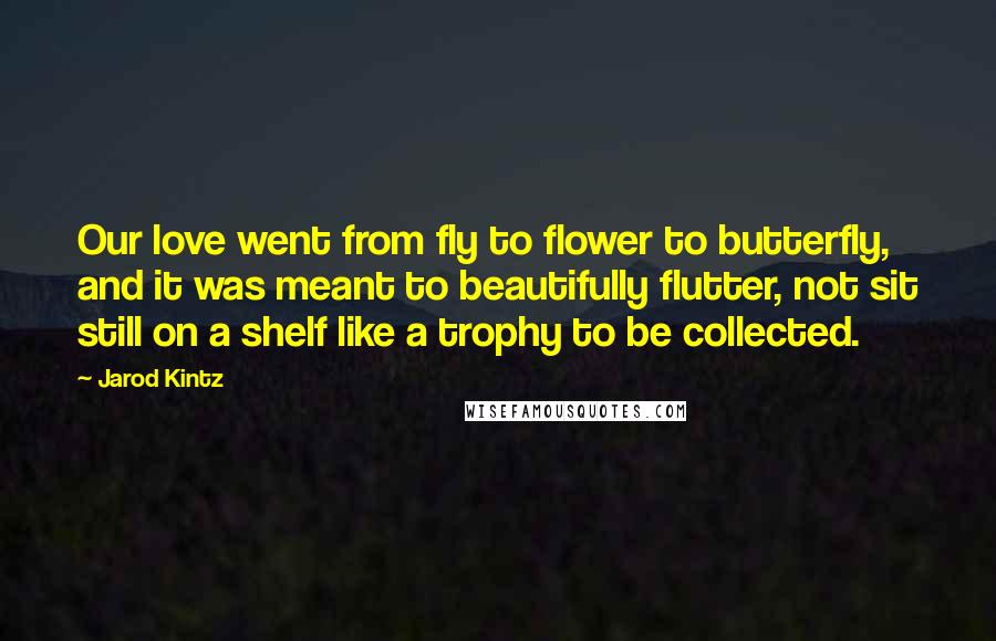 Jarod Kintz Quotes: Our love went from fly to flower to butterfly, and it was meant to beautifully flutter, not sit still on a shelf like a trophy to be collected.