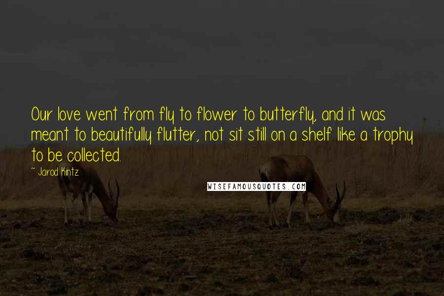 Jarod Kintz Quotes: Our love went from fly to flower to butterfly, and it was meant to beautifully flutter, not sit still on a shelf like a trophy to be collected.