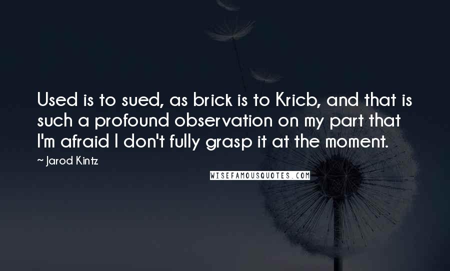 Jarod Kintz Quotes: Used is to sued, as brick is to Kricb, and that is such a profound observation on my part that I'm afraid I don't fully grasp it at the moment.